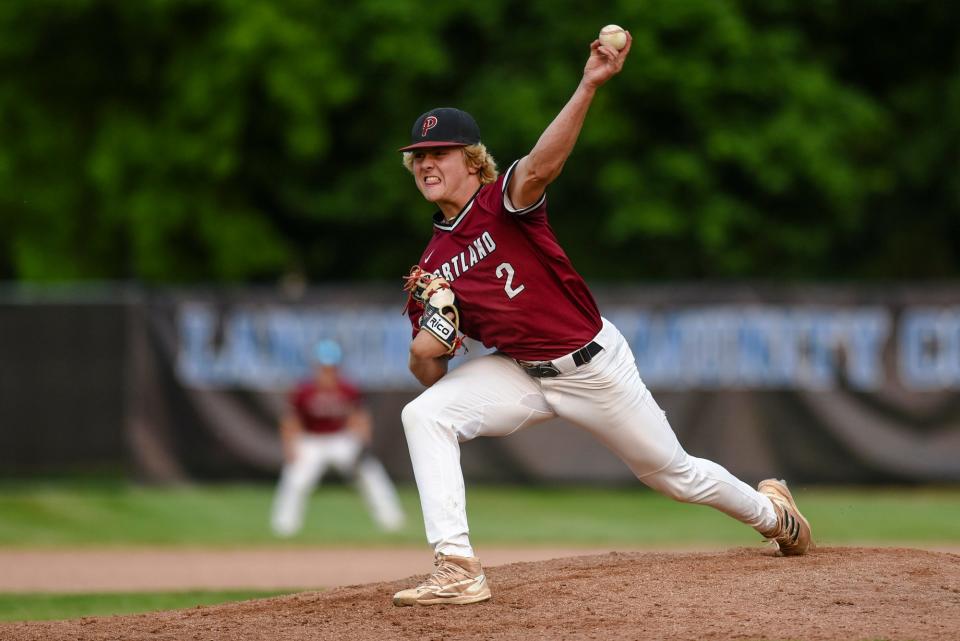 Portland's Caden Thelen pitches to a Williamston batter during the first inning on Monday, May 22, 2023, at Kircher Municipal Park in Lansing.