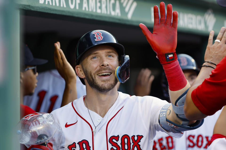 Trevor Story在8局下敲出3分全壘打，一棒奠定紅襪勝基。（MLB Photo By Winslow Townson/Getty Images）