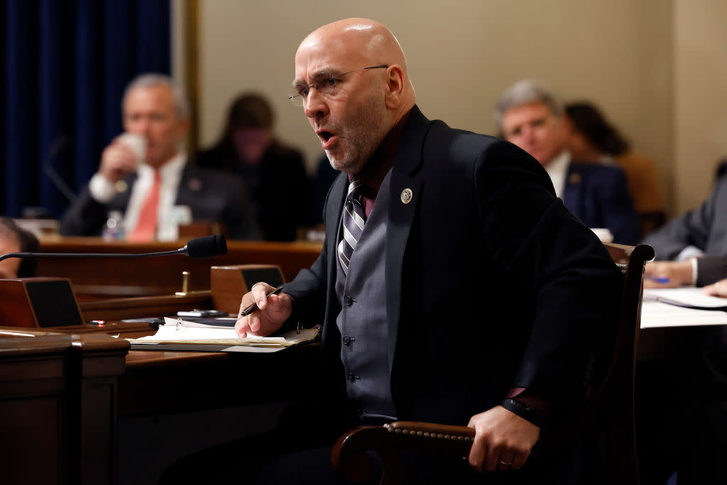 Rep. Clay Higgins questions Federal Bureau of Investigation Director Christopher Wray about conspiracy theories related to the January 6, 2020, attack on the U.S. Capitol during a hearing of the House Homeland Security Committee in the Cannon House Office Building on Capitol Hill on Nov. 15, 2022 in Washington, D.C.