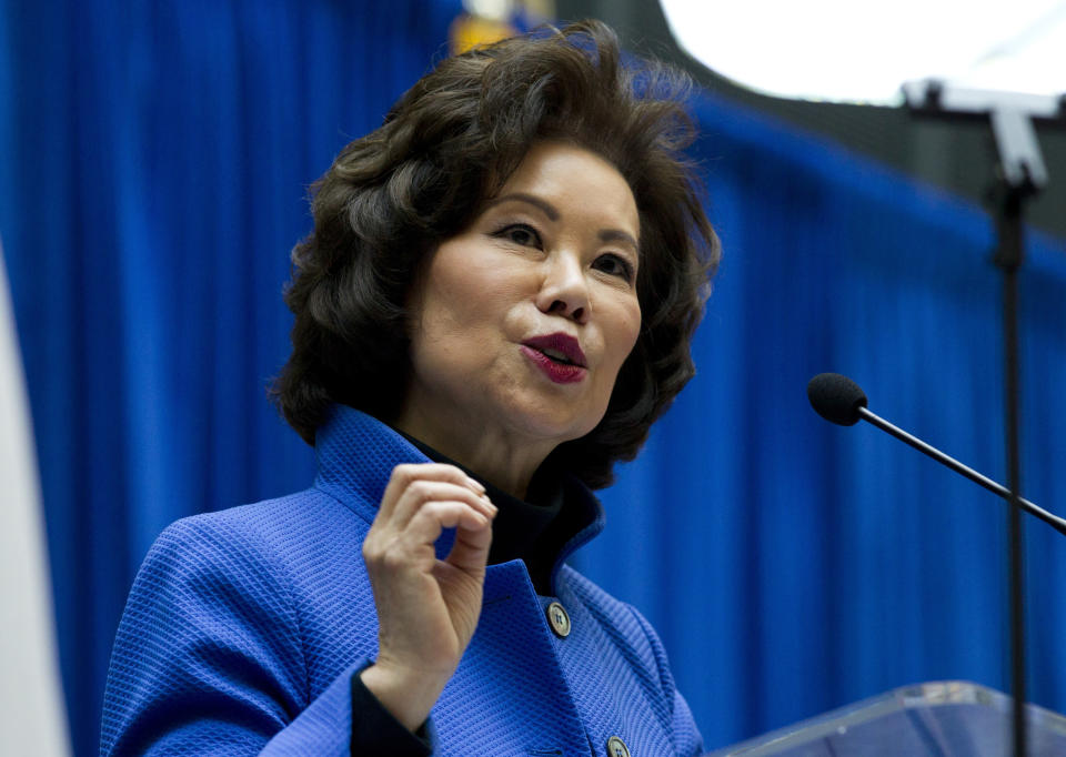 FILE - In this Dec. 11, 2018 file photo, Transportation Secretary Elaine Chao speaks during a major infrastructure investment announcement at transportation headquarters in Washington. The Transportation Department confirmed that its watchdog agency will examine how the FAA certified the Boeing 737 Max 8 aircraft, the now-grounded plane involved in two fatal accidents within five months. Transportation Secretary Elaine Chao formally requested the audit in a letter to Inspector General Calvin Scovel III. Chao, whose agency oversees the FAA, said the audit will improve the department's decision-making. Her letter confirmed that she had previously requested an audit but did not mention reports that the inspector general and federal prosecutors are looking into the development and regulatory approval of the jet. (AP Photo/Jose Luis Magana, File)