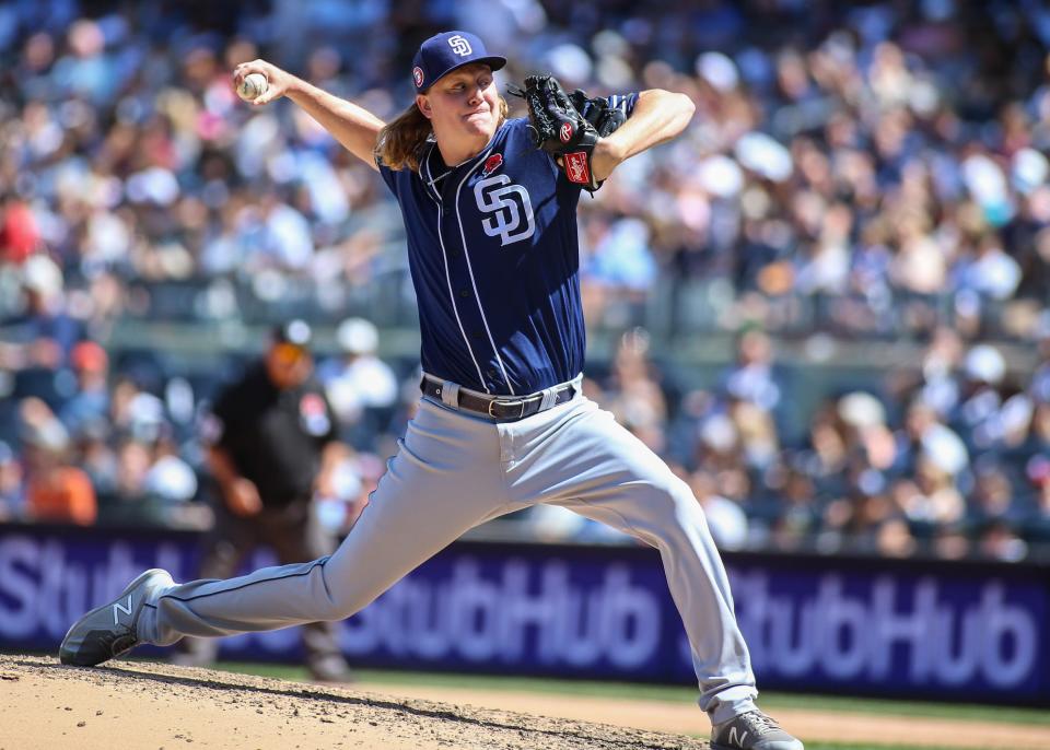 May 27, 2019; Bronx, NY, USA; San Diego Padres pitcher Trey Wingenter (58) at Yankee Stadium. Mandatory Credit: Wendell Cruz-USA TODAY Sports