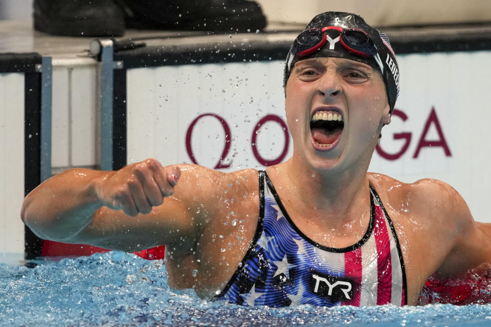 FILE - Katie Ledecky, of the United States, reacts after winning the women's 1500-meters freestyle final at the 2020 Summer Olympics, July 28, 2021, in Tokyo, Japan. Ledecky started off the U.S. national championships Tuesday, June 27, 2023, with a dazzling performance in the 800-meter freestyle. She turned in her fastest time since setting the world record at the 2016 Rio Olympics. At 26, Ledecky has already sealed her legacy as one of the greatest freestyle swimmers the sport has ever witnessed, yet she shows no signs of slowing down. (AP Photo/Matthias Schrader, File)