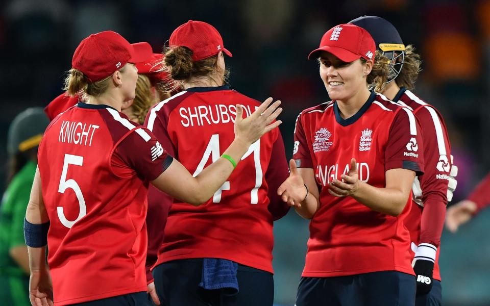 England players celebrate after their victory against Pakistan during the Twenty20 women's World Cup cricket match between Pakistan and England in Canberra  - AFP