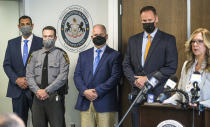 Lancaster County District Attorney Heather Adams briefs the media on the Linda Stoltzfoos case during a news conference at the Lancaster County courthouse, Thursday, April 22, 2021, in Lancaster, Pa. Stoltzfoos, 18, was last seen walking home from church in the Bird-in-Hand area on June 21, 2020. Her remains were found in a grave along railroad tracks behind a business where the man charged in her death had worked. (Dan Gleiter/PennLive/The Patriot-News via AP)