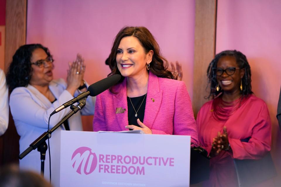 Michigan Gov. Gretchen Whitmer addresses supporters before signing legislation to repeal the 1931 abortion ban statute, which criminalized abortion in nearly all cases during a bill signing ceremony, Wednesday, April 5, 2023, in Birmingham, Mich. The abortion ban, which fueled one of the largest ballot drives in state history, had been unenforceable after voters enshrined abortion rights in the state constitution last November.