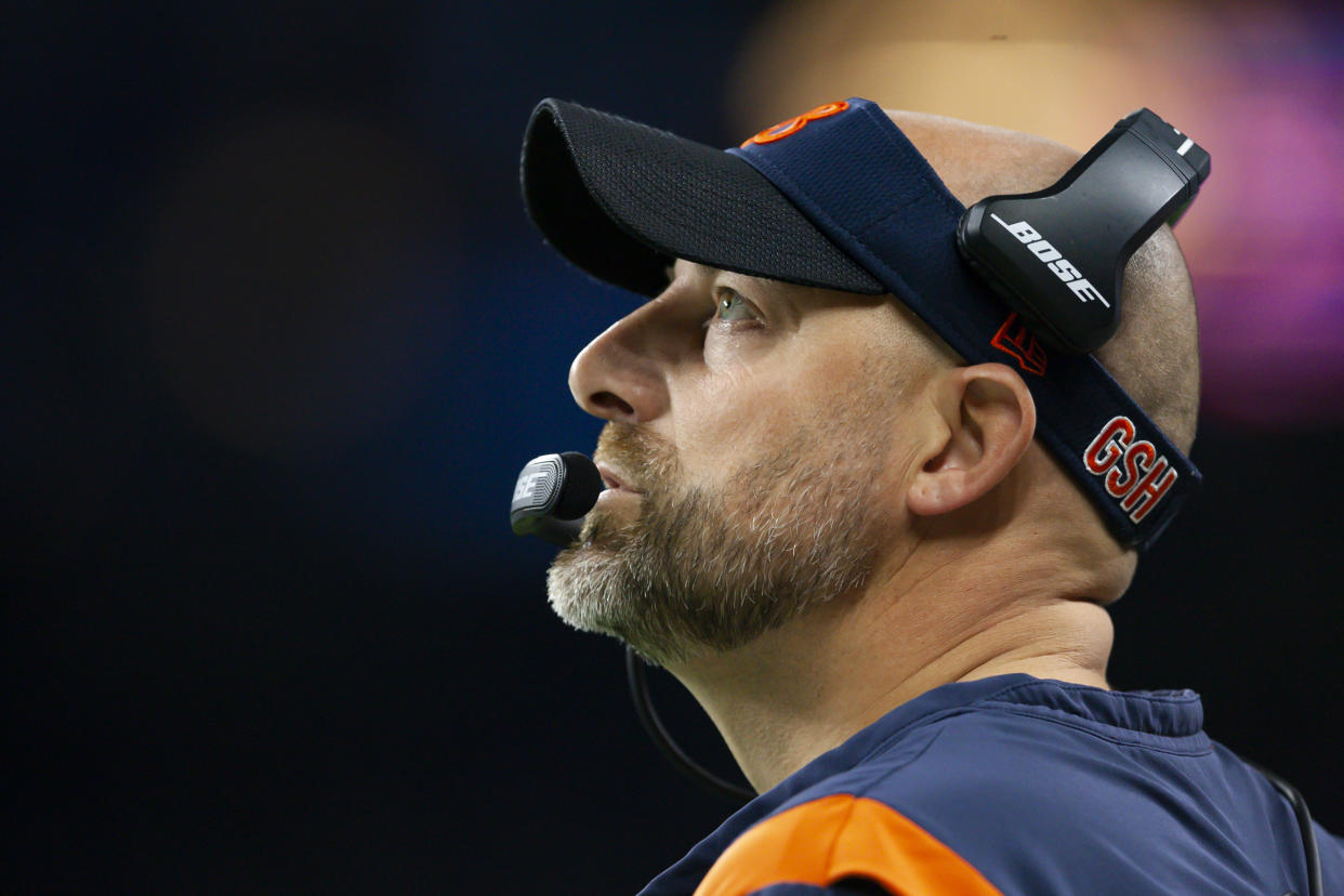 Nov 25, 2021; Detroit, Michigan, USA; Chicago Bears head coach Matt Nagy looks up during the first quarter against the Detroit Lions at Ford Field. Mandatory Credit: Raj Mehta-USA TODAY Sports
