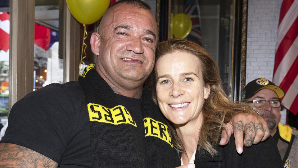 Shane Martin, pictured here with Australian actress Rachel Griffiths watching the 2019 AFL grand final in New Zealand.