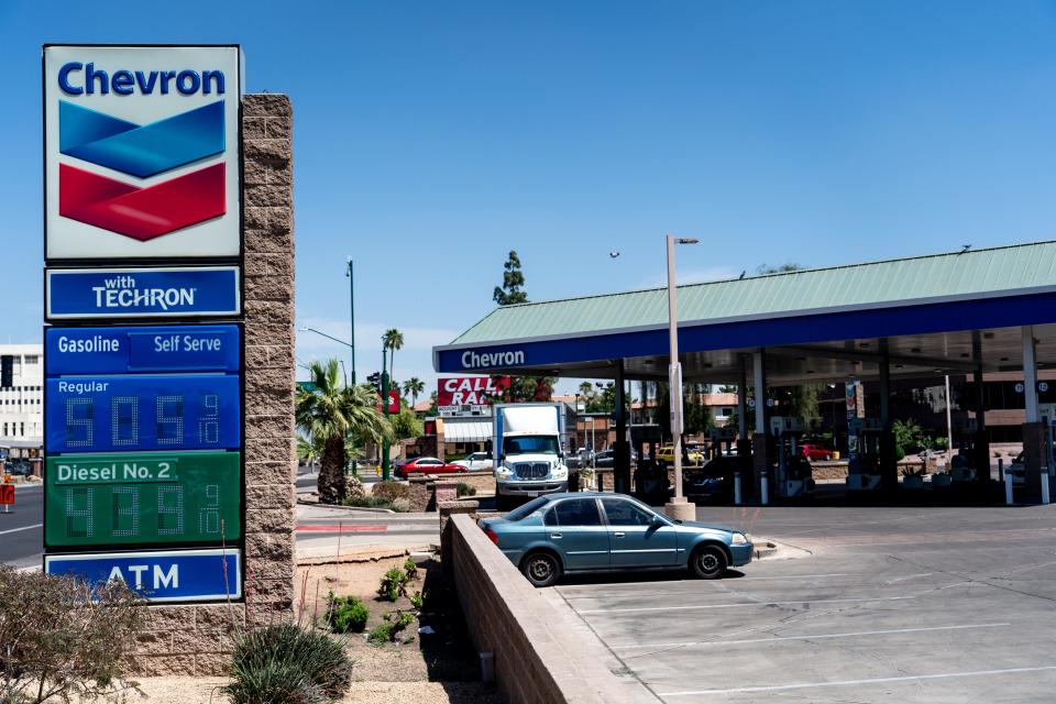Gas prices are displayed at a Chevron gas station on Indian School Road near Third Street in Phoenix on April 14, 2023.