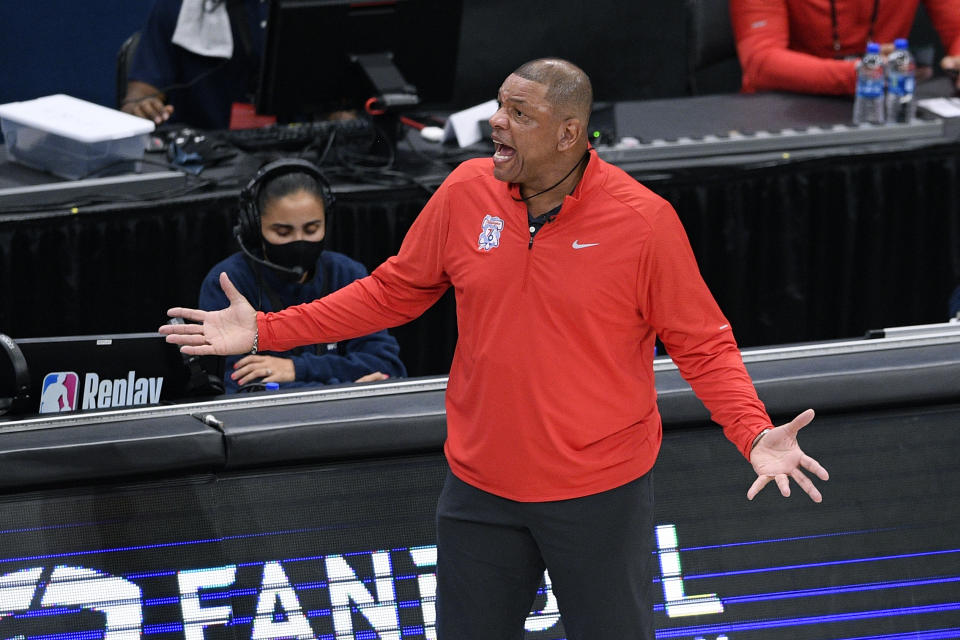 Philadelphia 76ers head coach Doc Rivers reacts during the first half of Game 4 in a first-round NBA basketball playoff series against the Washington Wizards, Monday, May 31, 2021, in Washington. (AP Photo/Nick Wass)