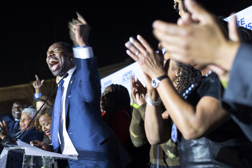 Atlanta mayoral runoff candidate Andre Dickens gives his victory speech Tuesday, Nov. 30, 2021, in Atlanta. Dickens, a city council member, won the runoff, riding a surge of support that powered him past the council’s current president, Felicia Moore, after finishing second to her in November. (AP Photo/Ben Gray)