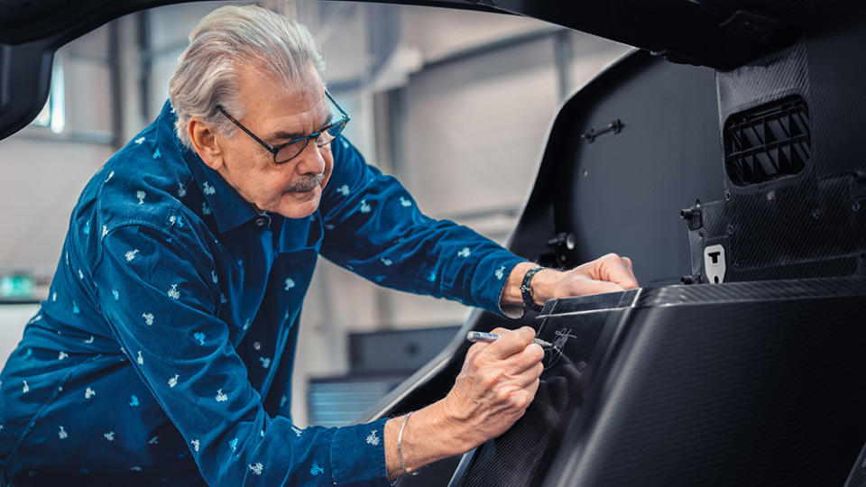 Gordon Murray signs the first Gordon Murray Automotive T.50's carbon-fiber monocoque chassis