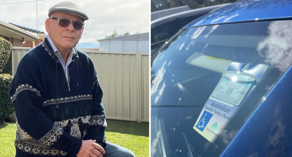 Left, John Laine poses in his garden wearing a flat cap and embroidered pullover. Right, his blue car displays his disabled parking permit. 