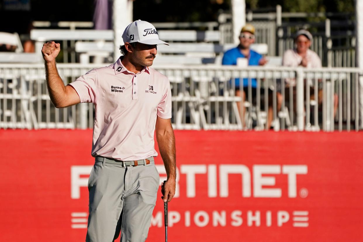 Max Homa celebrates his birdie putt at the 17th hole of the Silverado Resort North Course in Napa, Calif., last year. He won the tournament and went on to finish fifth on the FedEx Cup points list.