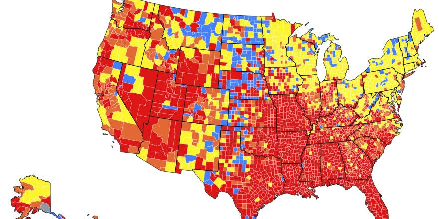 a map of the US from the CDC showing which counties have the highest transmission rates