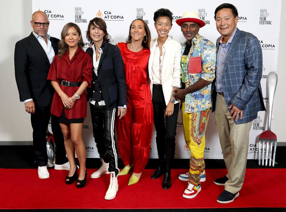 <p>Alton Brown, Esther Choi, Dominique Crenn, Gabriela Cámara, Kristen Kish, Marcus Samuelsson and Ming Tsai attend a screening and Q&A for Netflix's <em>Iron Chef: Quest for an Iron Legend</em> in Napa, California on June 15. </p>