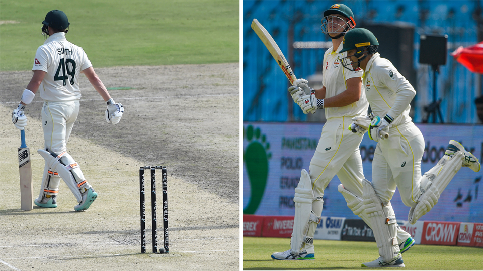 Steve Smith (pictured left) walking off after being dismissed and (pictured right) two batters walking out to the crease.