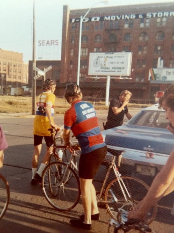 John Karras in gold and Donald Kaul in blue and red at the corner of Second and Nebraska streets in downtown Sioux City at the start of the Great Six Day Bike Trip on Aug. 26, 1973. In 1975 the event was re-named the Register's Annual Great Bicycle Ride Across Iowa.