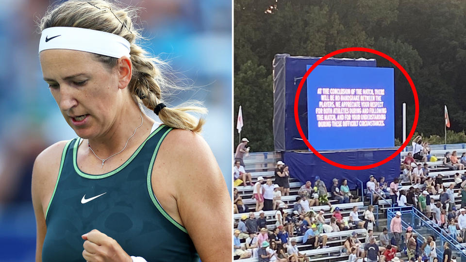 Victoria Azarenka is pictured left, with the D.C. Open's message to fans highlighted on the right.