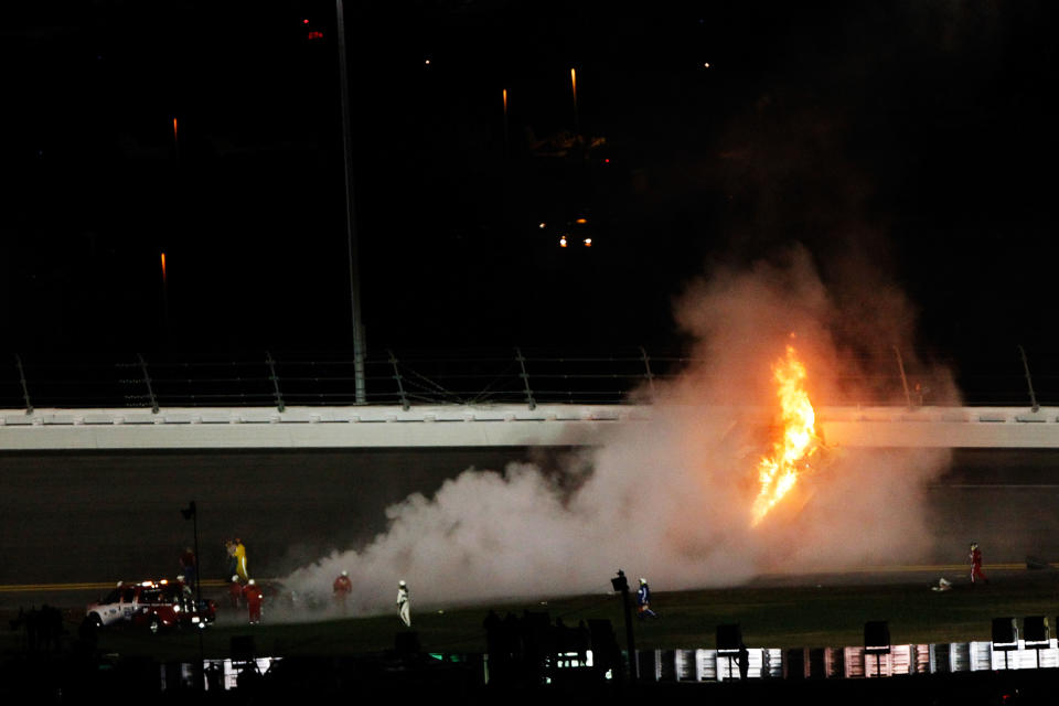 DAYTONA BEACH, FL - FEBRUARY 27: A jet dryer bursts into flames after being hit by Juan Pablo Montoya, driver of the #42 Target Chevrolet, under caution during the NASCAR Sprint Cup Series Daytona 500 at Daytona International Speedway on February 27, 2012 in Daytona Beach, Florida. (Photo by Tom Pennington/Getty Images for NASCAR)