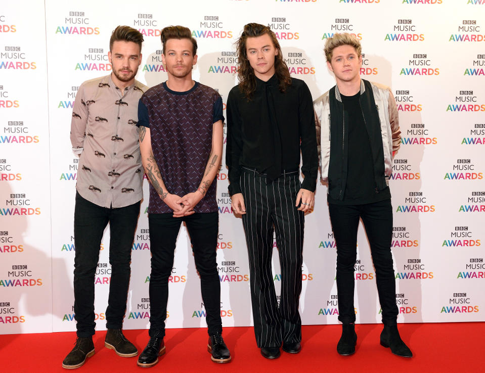 BIRMINGHAM, ENGLAND - DECEMBER 10:  Liam Payne, Louis Tomlinson, Harry Styles and Niall Horan of One Direction attend the BBC Music Awards at Genting Arena on December 10, 2015 in Birmingham, England.  (Photo by Karwai Tang/WireImage)
