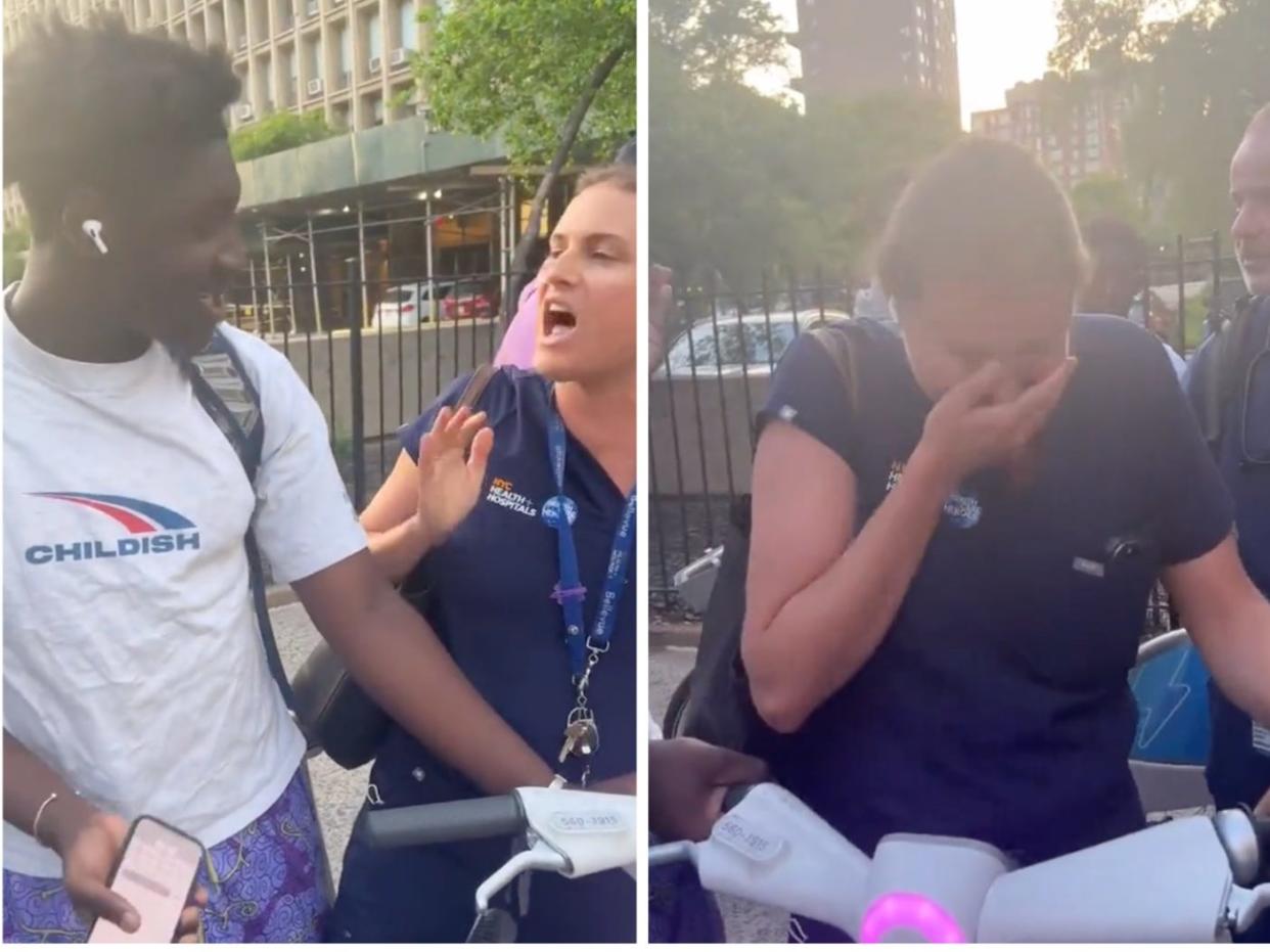 The unnamed woman argues with a young Black man over a rental bike before seeming to start crying when a bystander approaches.