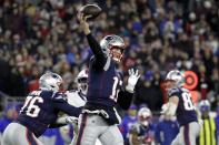 New England Patriots quarterback Tom Brady passes against the Buffalo Bills in the first half of an NFL football game, Saturday, Dec. 21, 2019, in Foxborough, Mass. (AP Photo/Elise Amendola)