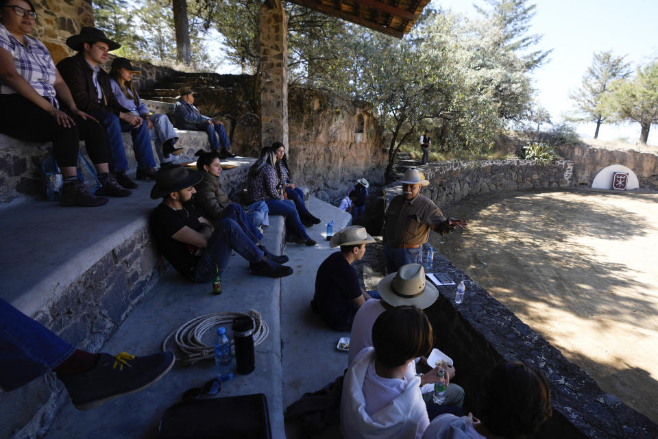 Rancher Jose Arturo Jimenez addresses participants during a bullfighting workshop, in Aculco, Mexico, Thursday, Jan. 25, 2024. Jimenez and other members of the Mexican Association of Bullfighting have dedicated themselves to promoting a hundred educational events and workshops in different parts of Mexico to attract new audiences and guarantee the survival of the so-called “fiesta brava” that has almost five centuries of history. (AP Photo/Fernando Llano)