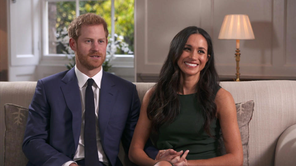<p>Harry and Meghan took part in their first joint interview with Meghan choosing a forest green bow-adorned dress by P.A.R.O.S.H. Of course, it’s now sold out.<br><i>[Photo: AP]</i> </p>