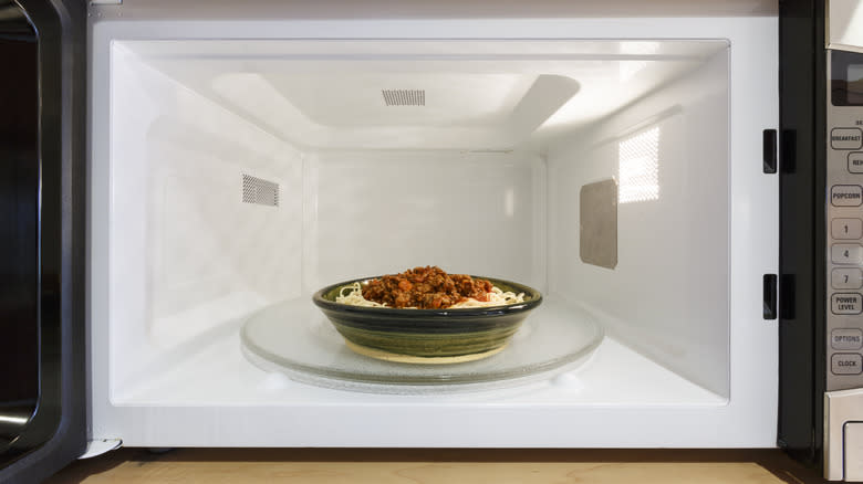 bowl of spaghetti in microwave