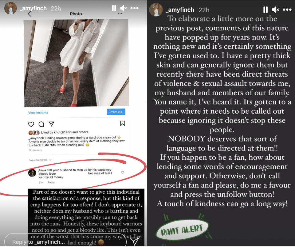 Screenshots from Amy Finch's Instagram story, in which she calls out some of the abuse she has received over her husband Aaron's performance on the cricket field. Pictures: Instagram