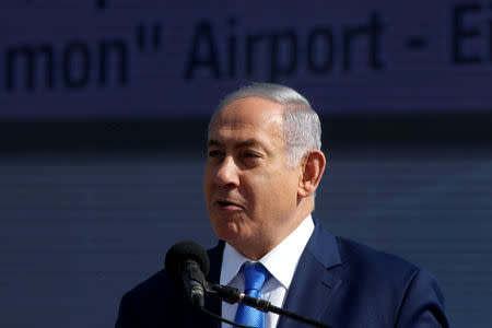 FILE PHOTO: Israeli Prime Minister Benjamin Netanyahu speaks during an inauguration ceremony of the Ramon International Airport just outside the southern Red Sea resort city of Eilat, Israel January 21, 2019. REUTERS/Ronen Zvulun/File Photo