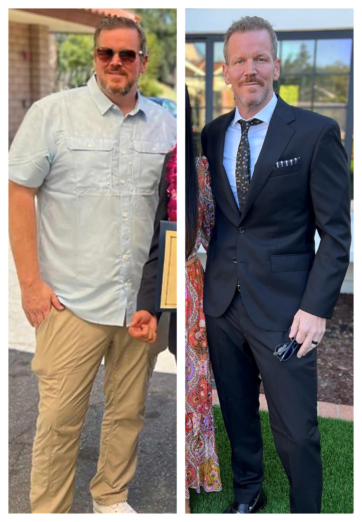 This combination of photos provided by Matthew Barlow shows him in November 2022, left, and April 2023 in California. Barlow, a 48-year-old health technology executive, said he has lost more than 100 pounds since November by using the drug Mounjaro and changing his diet. (Courtesy Matthew Barlow via AP)