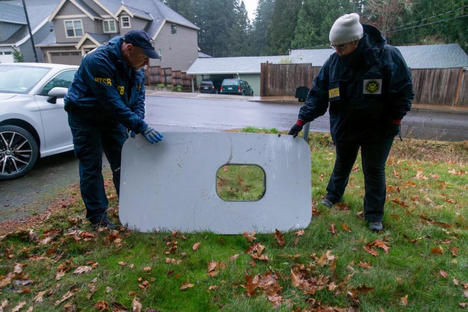 This photo released by the National Transportation Safety Board shows the door plug from Alaska Airlines Flight 1282 on Monday, Jan. 8, 2024, in Portland, Ore. A panel used to plug an area reserved for an exit door on the Boeing 737 Max 9 jetliner blew out Jan. 5, shortly after the flight took off from Portland, forcing the plane to return to Portland International Airport. (National Transportation Safety Board via AP) (National Transportation Safety Board,)