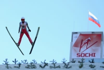 Anastasia Veshchikova of Russia competes in a Ski Jump during the FIS Ski Jumping World Cup at the RusSki Gorki venue