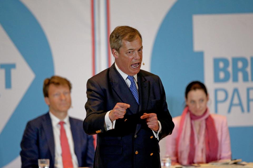 Nigel Farage speaking at a Brexit Party rally (PA)