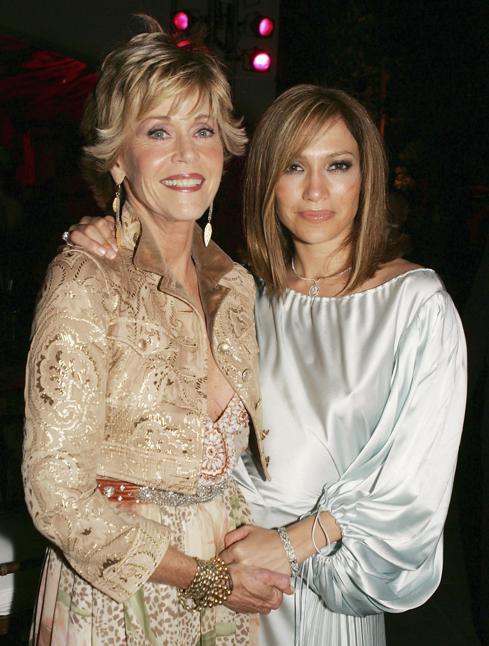 LOS ANGELES - APRIL 29:  Actors Jane Fonda (L) and Jennifer Lopez pose at the afterparty for the premiere of New Line Cinema's "Monster-In-Law" at the Armand Hammer Museum on April 29, 2005 in Los Angeles, California. (Photo by Kevin Winter/Getty Images)