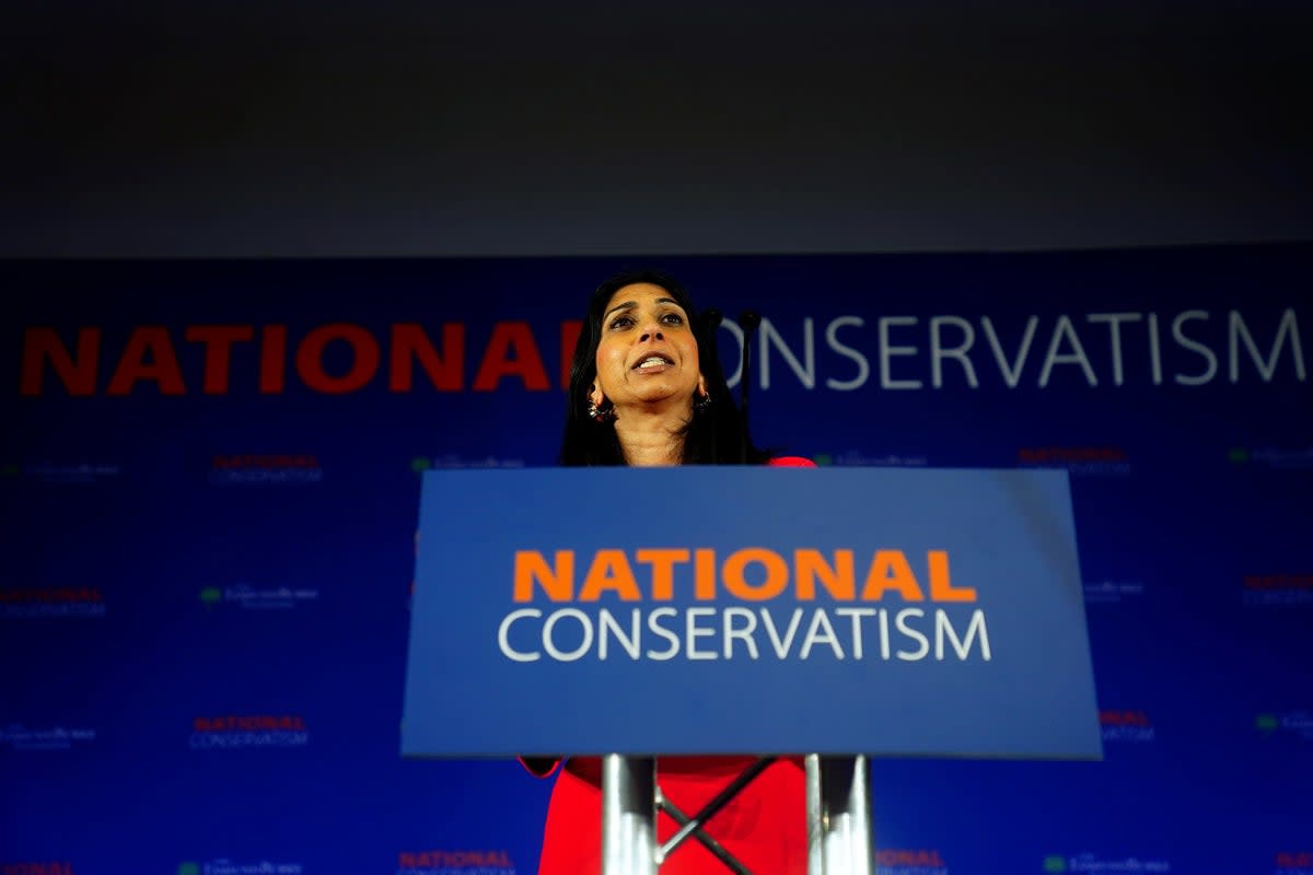 Home Secretary Suella Braverman speaking during the National Conservatism Conference at the Emmanuel Centre, central London. (Victoria Jones/PA) (PA Wire)