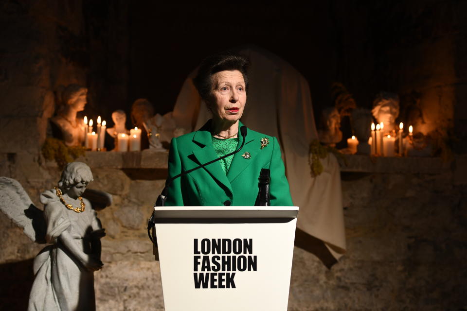 Princess Anne, making a speech as she hands out the Queen Elizabeth II Award for British Design presentation during London Fashion Week February 2020. (Getty Images)