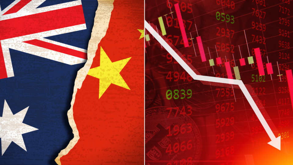 Image of stocks int he red; Australia flag clashing with China flag