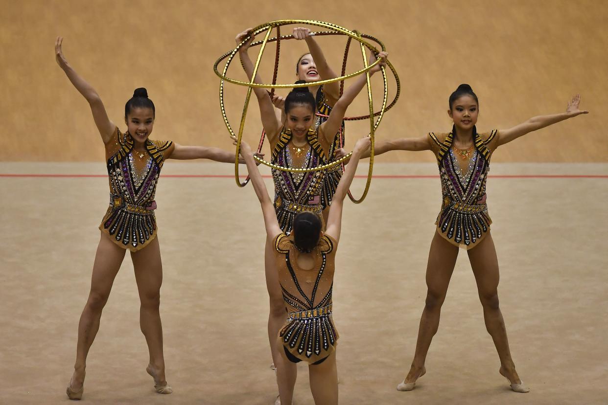 Malaysia's rhythmic gymnastics team competing at the SEA Games in Hanoi in May 2022.