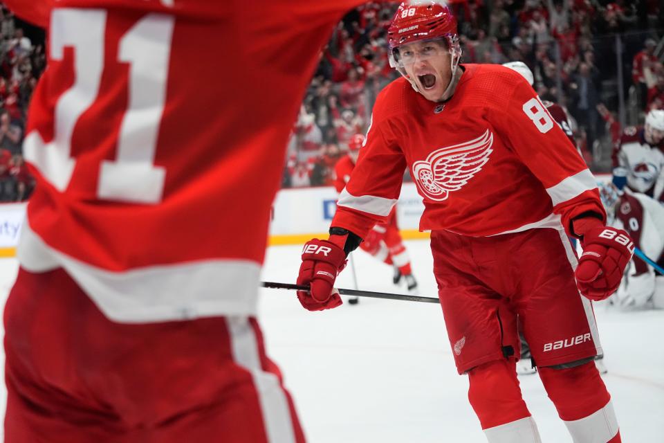 Detroit Red Wings right wing Patrick Kane (88) celebrates his goal against the Colorado Avalanche during overtime Thursday, Feb. 22, 2024, at Little Caesars Arena in Detroit.