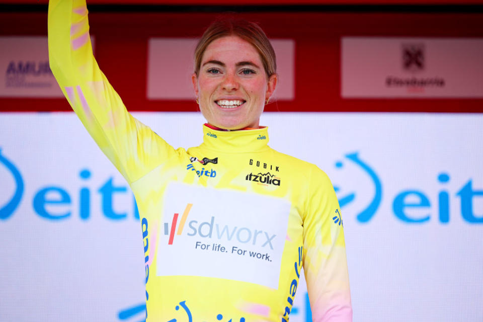 AMURRIO SPAIN  MAY 13 Demi Vollering of The Netherlands and Team SD Worx celebrates at podium as Yellow leader jersey winner during the 2nd Itzulia Women 2023 Stage 2 a 1332 stage from VitoriaGasteiz to Amurrio  UCIWWT  on May 13 2023 in Amurrio Spain Photo by Dario BelingheriGetty Images