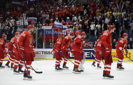 Ice Hockey World Championships - Semifinals - Russia v Finland - Ondrej Nepela Arena, Bratislava, Slovakia - May 25, 2019 Russia's players look dejected after the match. REUTERS/David W Cerny