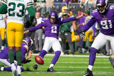 Oct 15, 2017; Minneapolis, MN, USA; Minnesota Vikings kicker Kai Forbath (2) kicks a field goal in the third quarter against the Green Bay Packers at U.S. Bank Stadium. Mandatory Credit: Brad Rempel-USA TODAY Sports