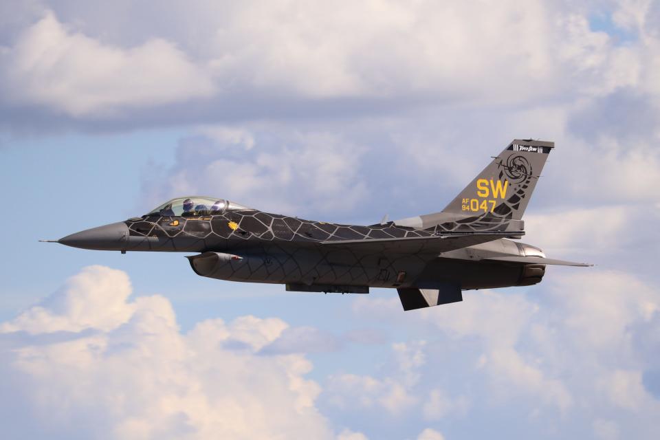 US Air Force F-16 Fighting Falcon from the 20th Fighter Wing at Shaw Air Force Base flown by Major Garret Toro Schmitz performs at the 2021 Florida International Air Show.