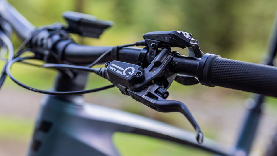 Close up on the brake lever on the Bosch ABS system made by Magura