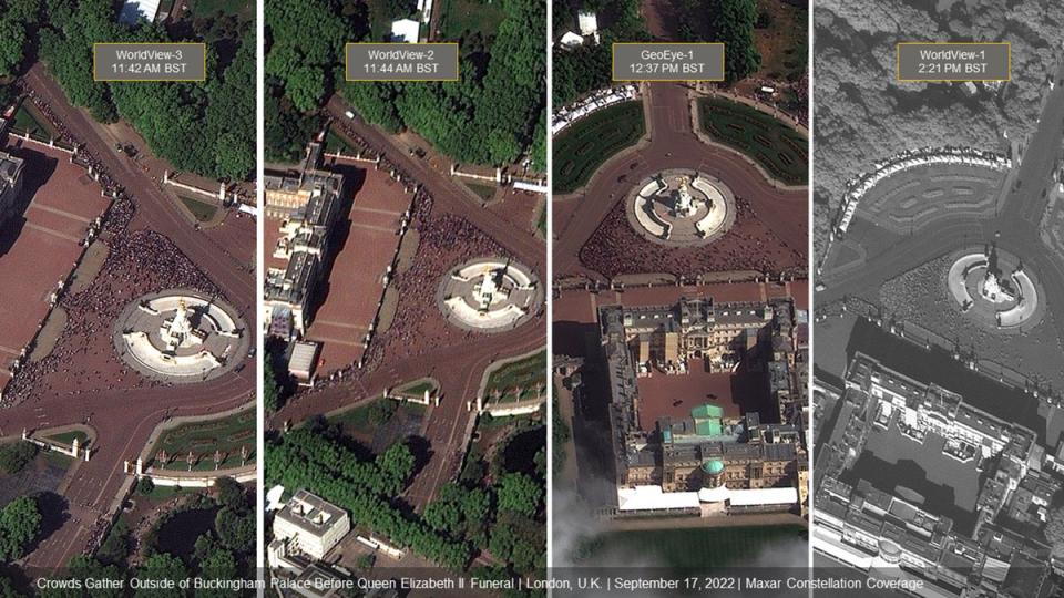 Well-wishers are pictured gathering outside Buckingham Palace for the Queen’s funeral (Satellite image/2022 Maxar Technologies)