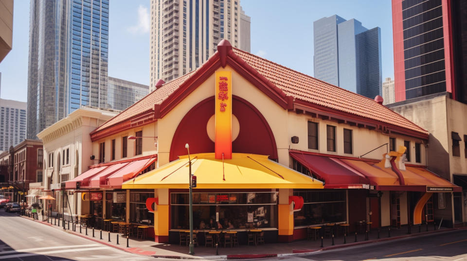 The iconic yellow and red roof of a franchise restaurant in the bustling streets of a city.