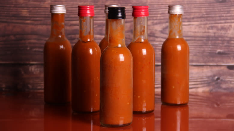 bottles of homemade hot sauce