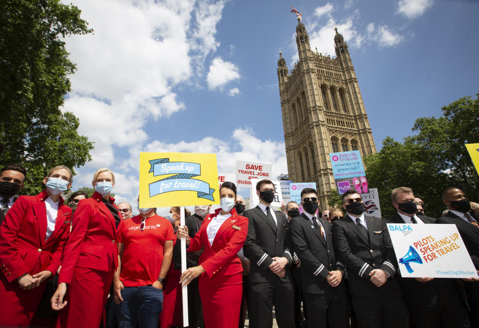 Pilots, cabin crew, ground staff and representatives from major UK airlines including easyJet, British Airways, Virgin Atlantic and TUI, along with travel agents and tour operators, attend the 'Travel Day of Action' demonstration at Westminster to put pressure on Government to safely reopen travel for this summer and provide tailored financial support to the sector, London. Picture date: Wednesday June 23, 2021. (Photo by Matt Alexander/PA Images via Getty Images)